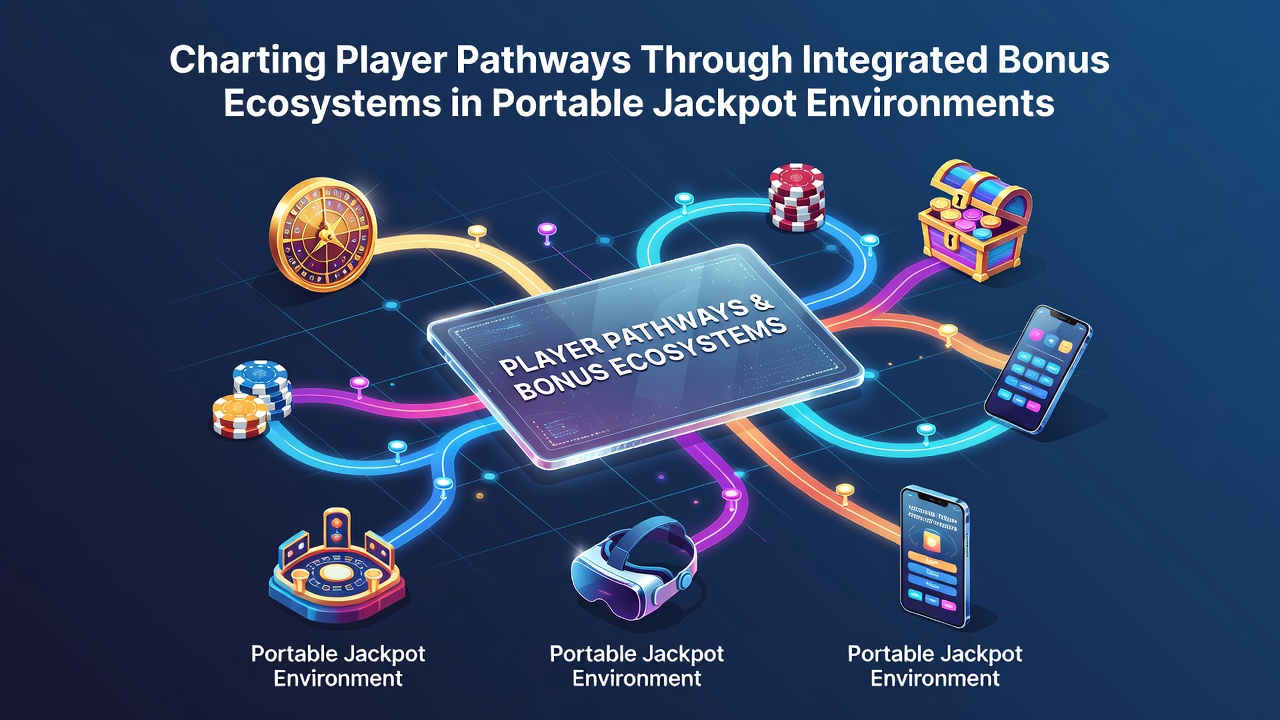 Illustration of mobile device interfaces showing interconnected bonus and jackpot pathways in gaming apps