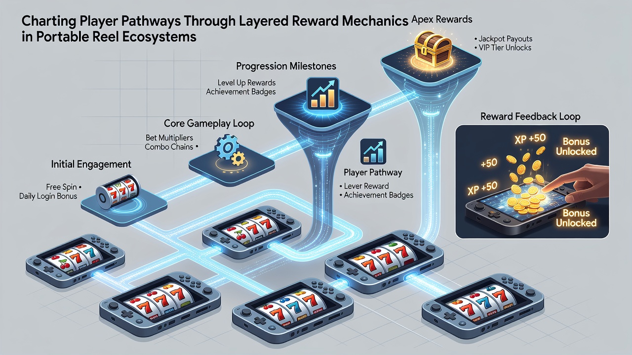 Illustration of mobile reel gameplay with tiered bonuses and jackpot pathways