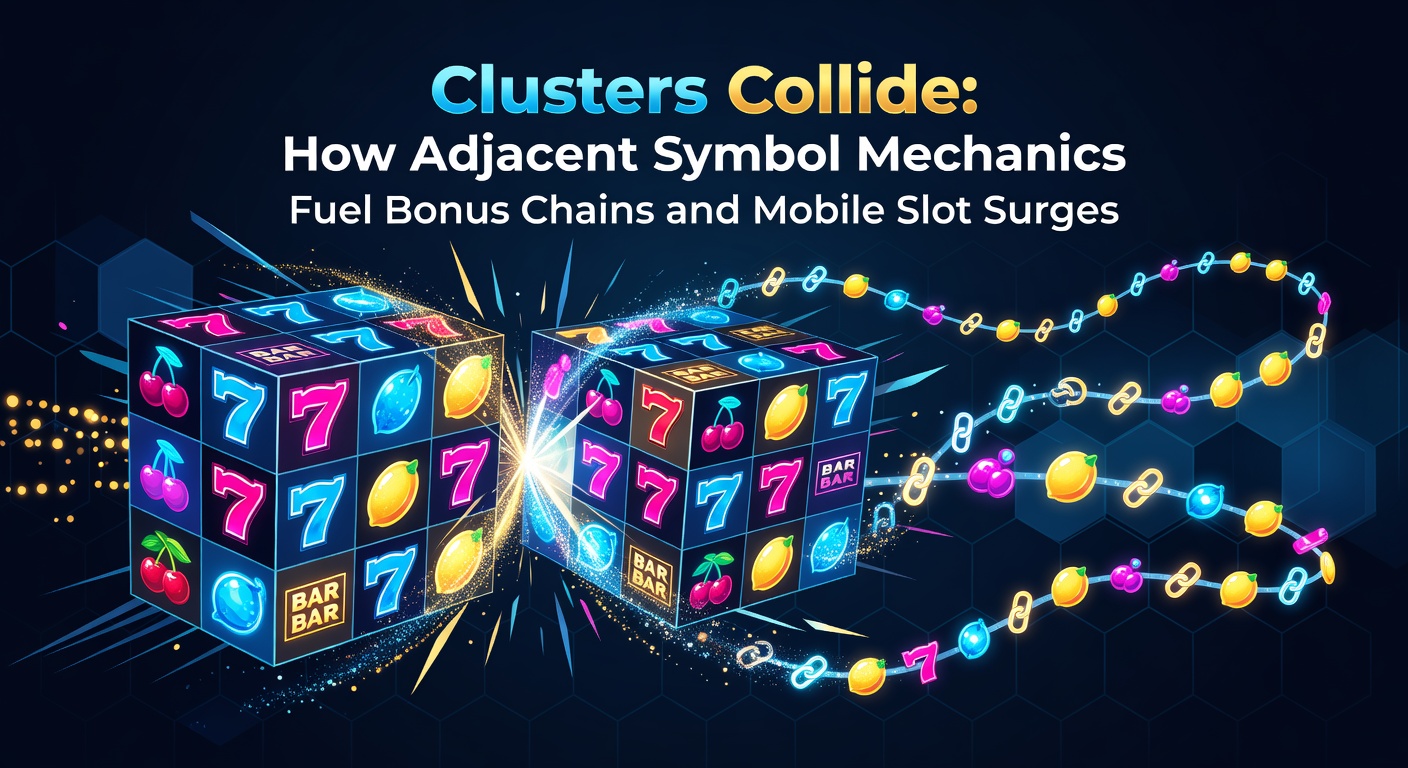 Vibrant slot screen showing clusters of adjacent symbols exploding into bonus chains, with cascading wins and multiplier surges on a mobile device