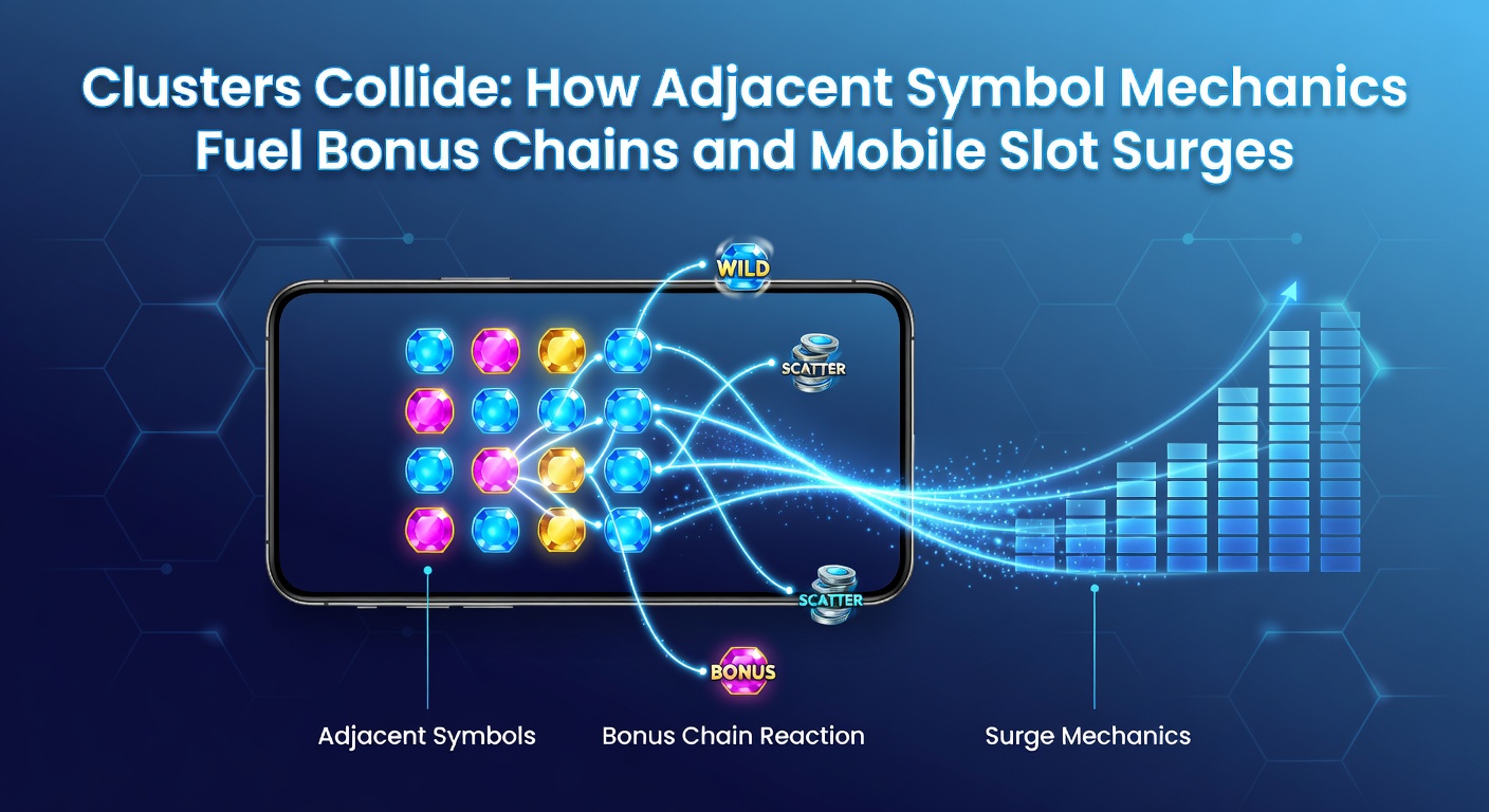 Mobile slot interface displaying a massive cluster win chain, with adjacent symbols triggering free spins, multipliers, and surging bonuses in a cascade effect