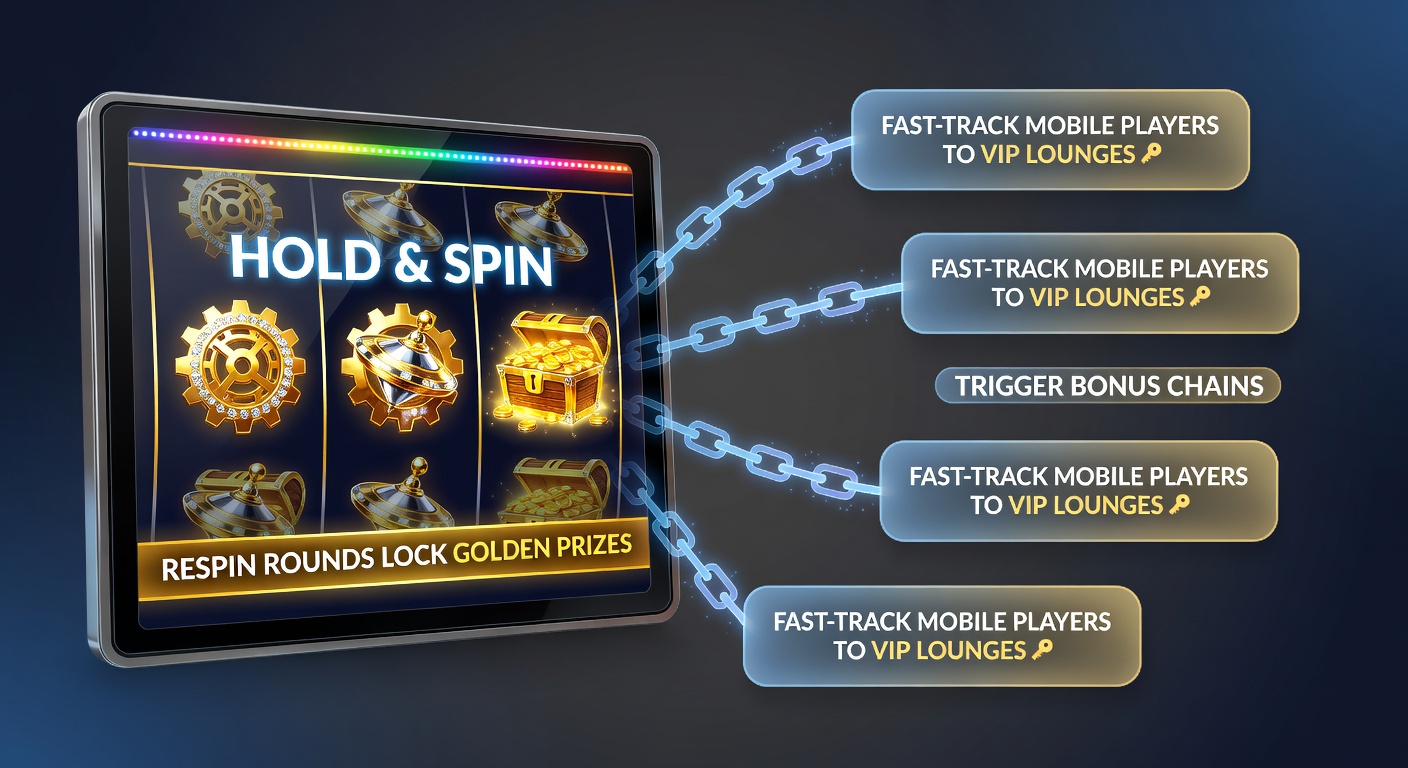 Vibrant slot screen showing Hold & Spin feature with golden symbols locking on reels during respin action