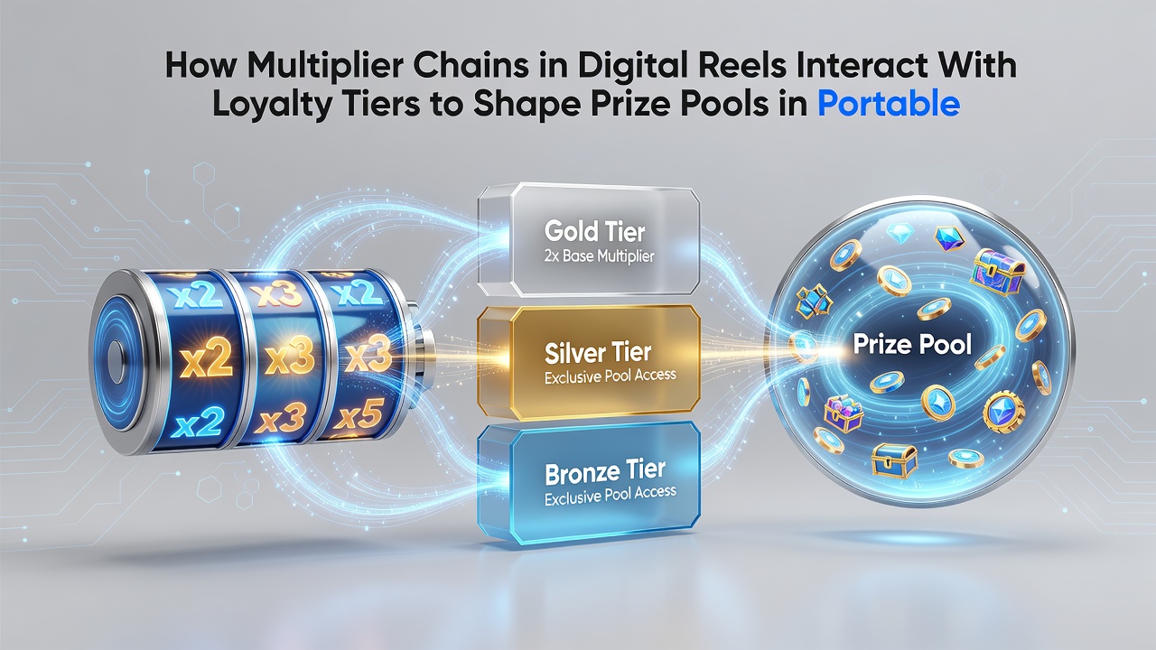 Loyalty tier progression screen overlaid on a mobile reel interface showing multiplier values