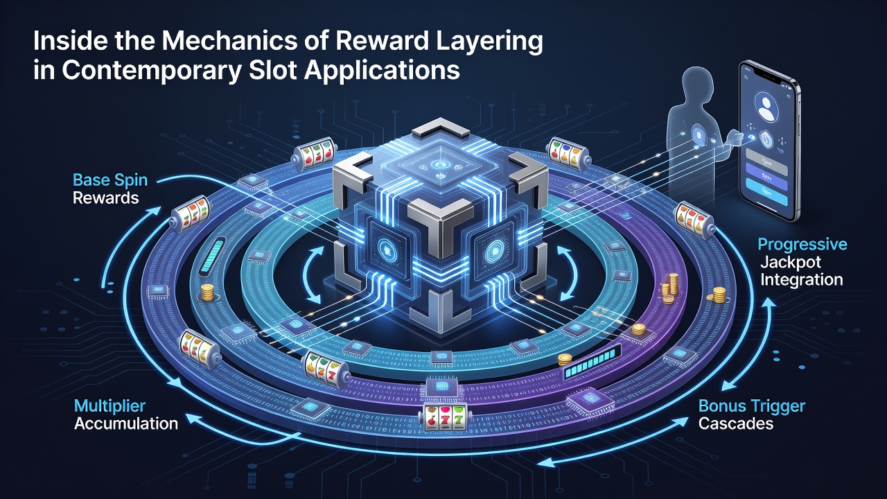 Diagram showing multiple reward layers in a slot machine interface including base spins, bonus rounds, and loyalty multipliers