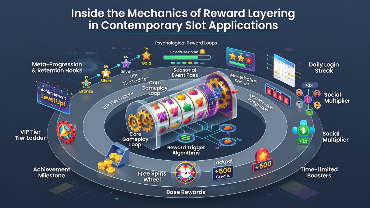 Screenshot of a mobile slot app displaying stacked reward notifications for free spins, multipliers, and VIP progress