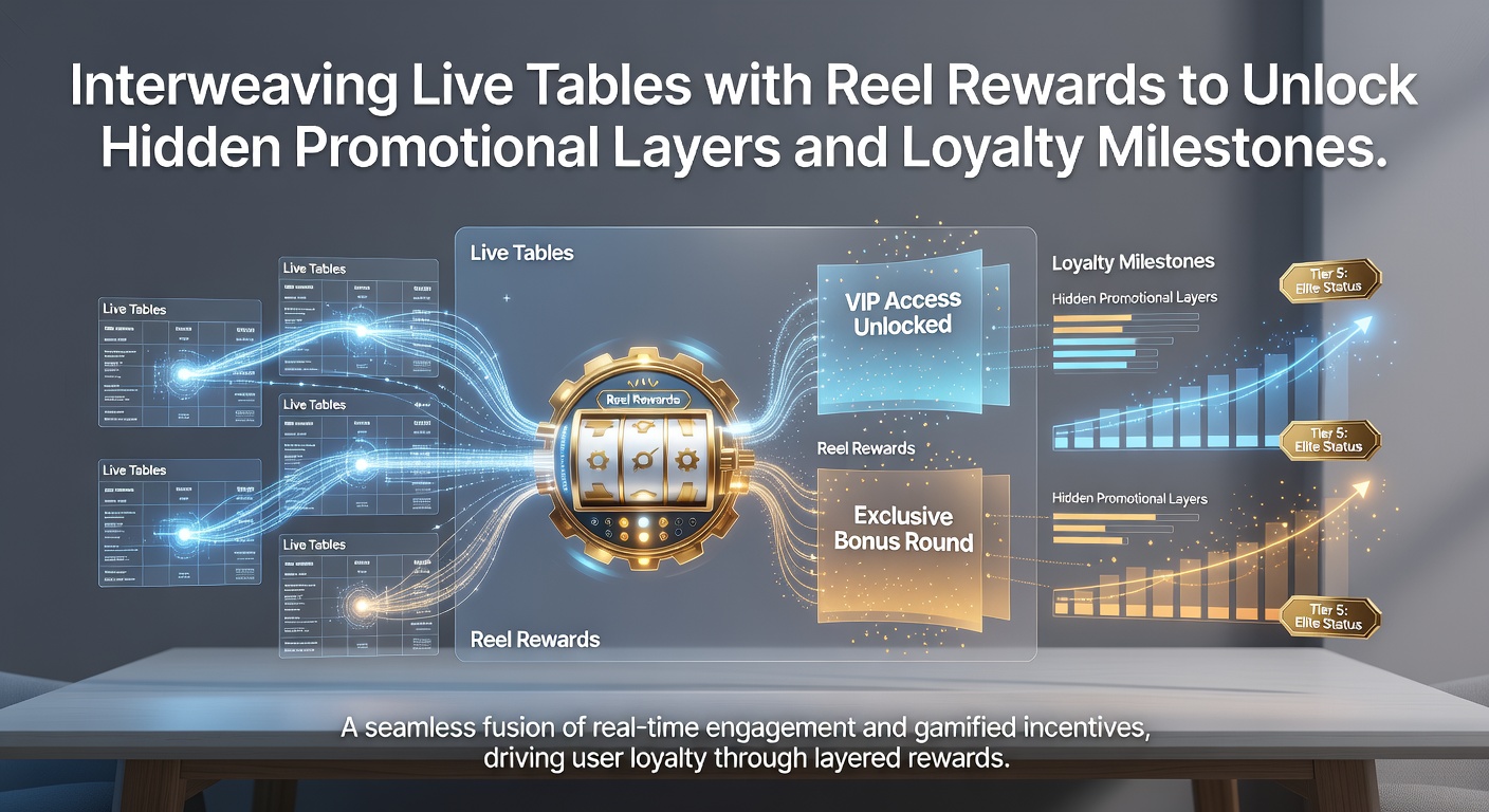 Illustration of live dealer tables integrated with slot reel rewards on a digital casino interface showing promotional layers