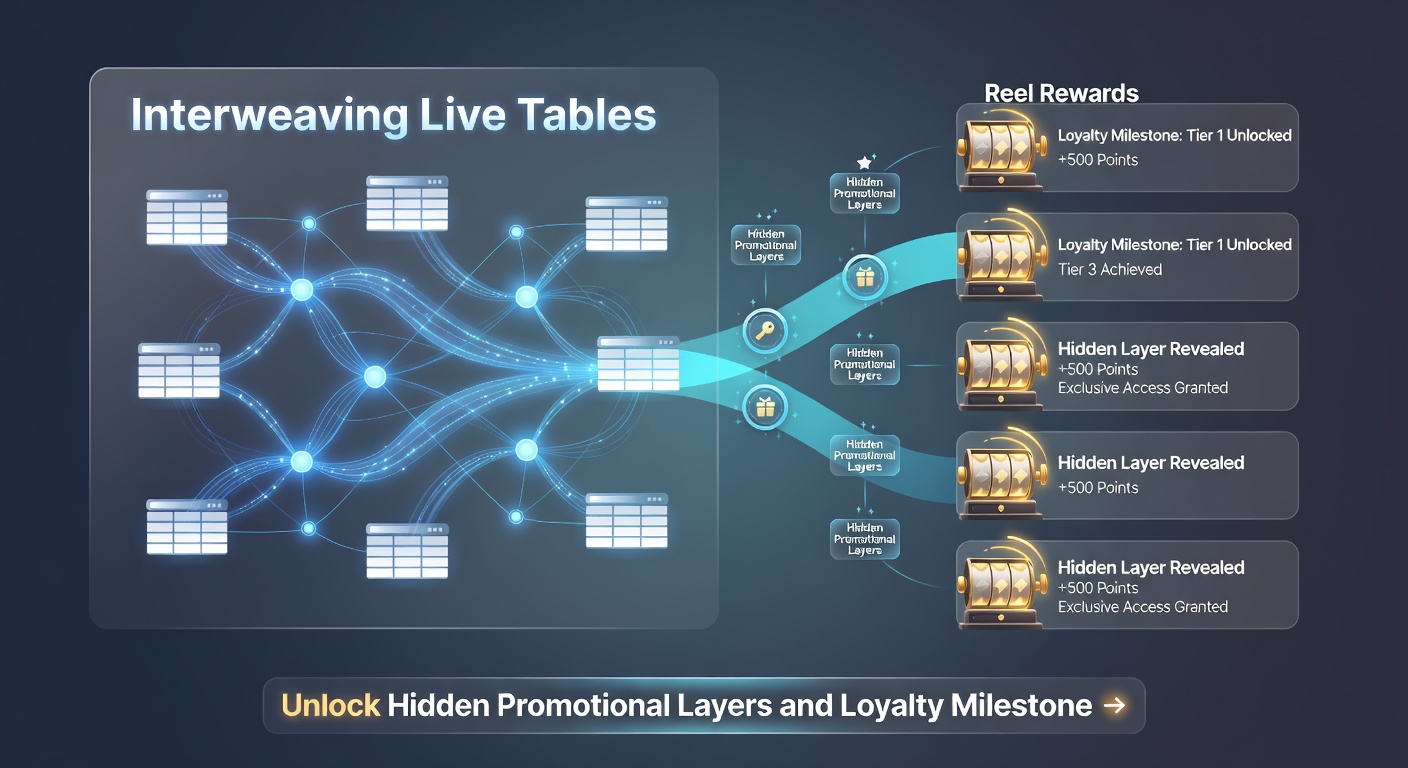 Screenshot of a casino loyalty dashboard displaying interwoven live table and slot reel progress toward promotional layers and milestones