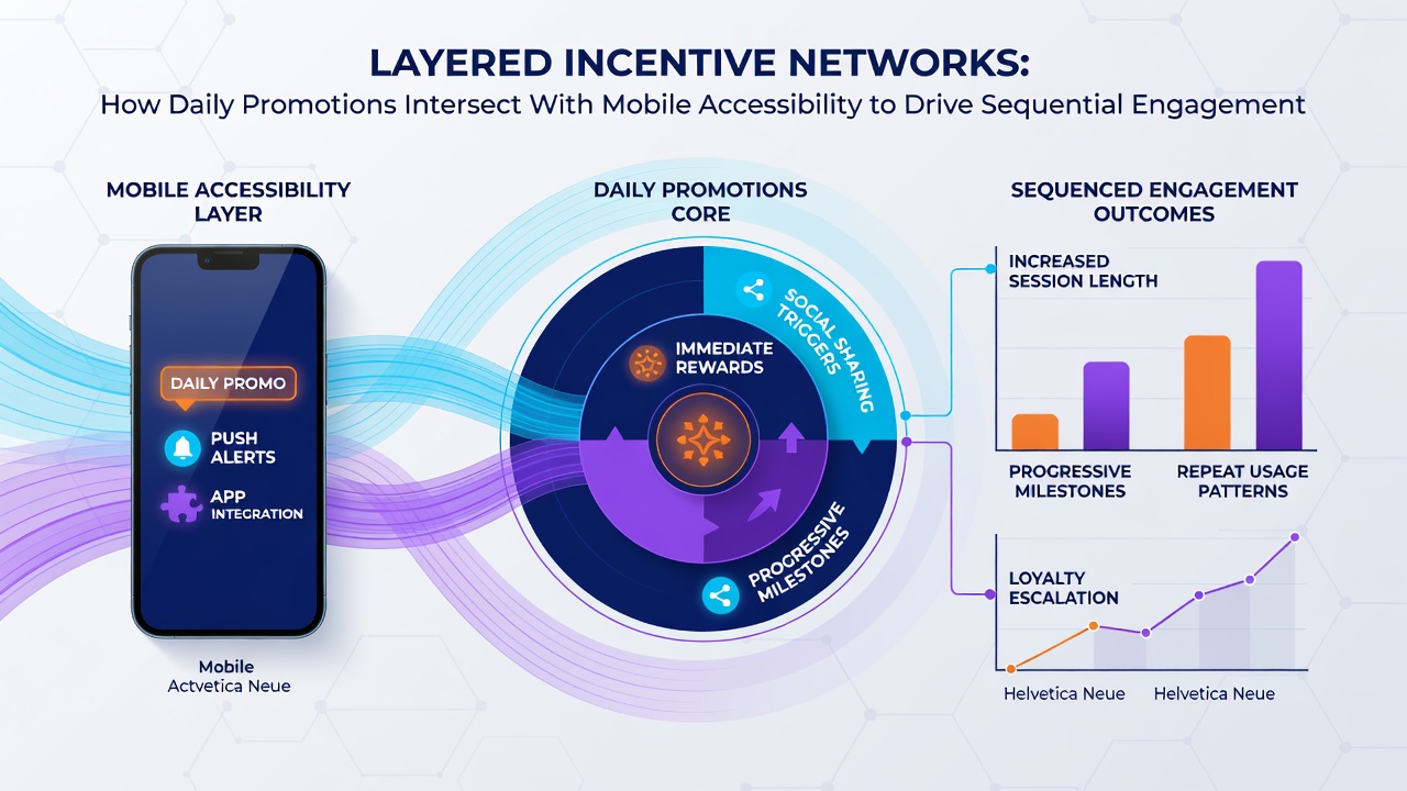 Visual representation of mobile app interfaces showing daily promotions linking to sequential reel game wins and incentive progression