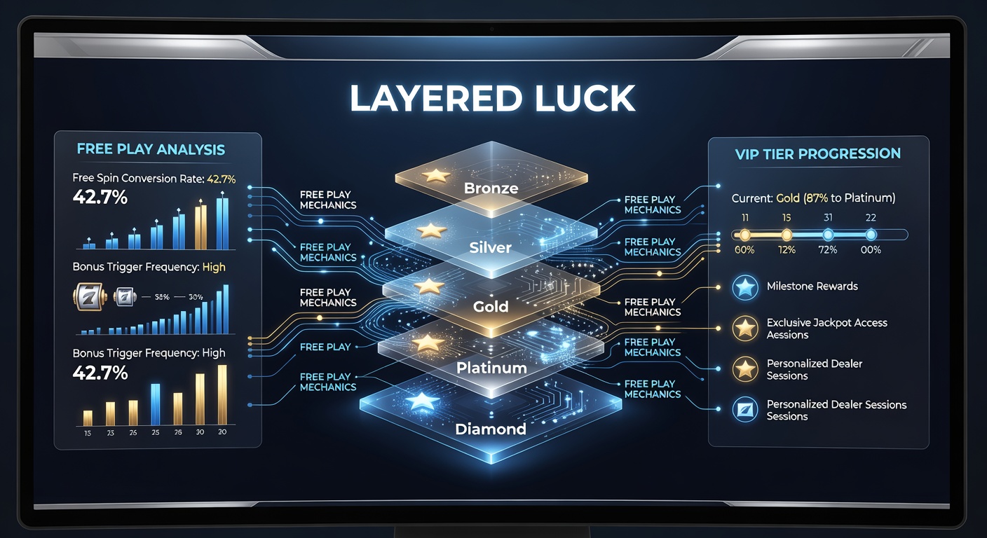 Illustration of layered casino reward systems showing free play mechanics connecting to VIP tier progression charts