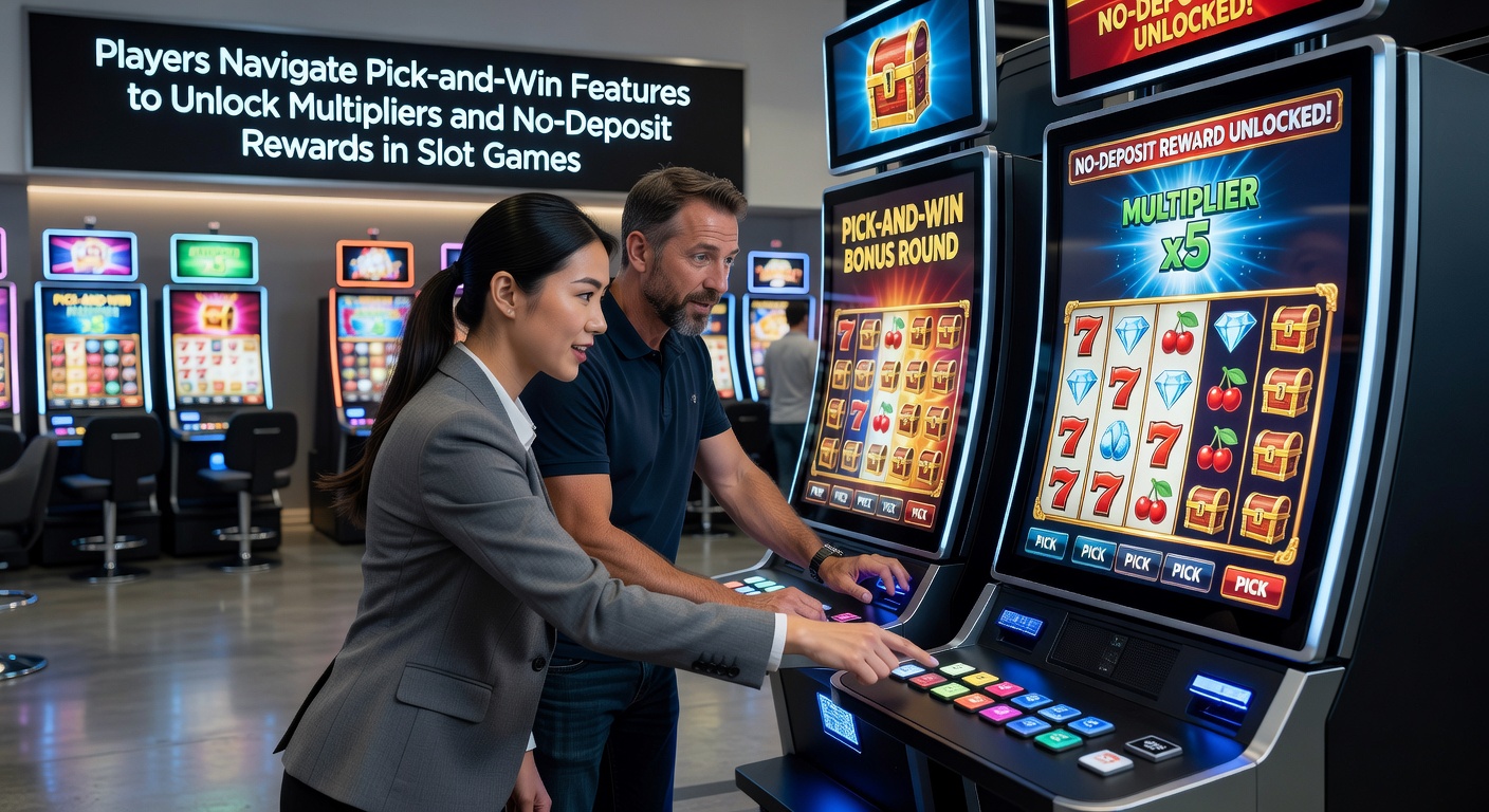 Close-up of a mobile slot interface during pick-and-win, highlighting multiplier icons and no-deposit bonus notifications