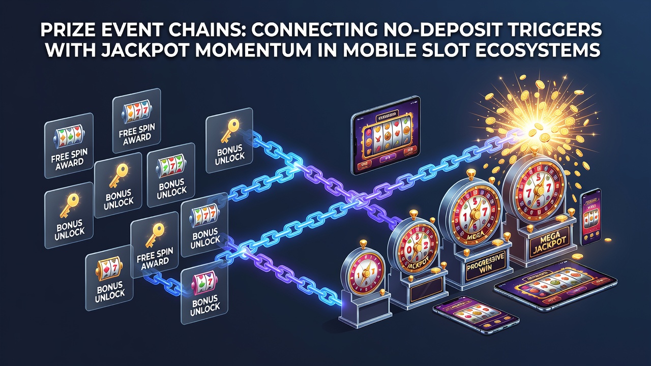 Mobile slot interface showing prize event chain progression with no-deposit bonus indicators and jackpot momentum meters