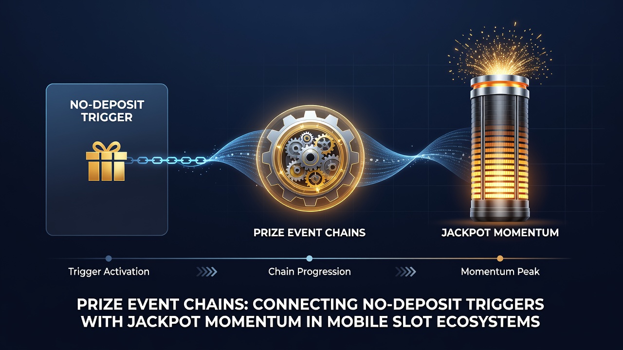 Diagram of prize event chain flow from no-deposit trigger through intermediate stages to jackpot activation in a mobile slot app