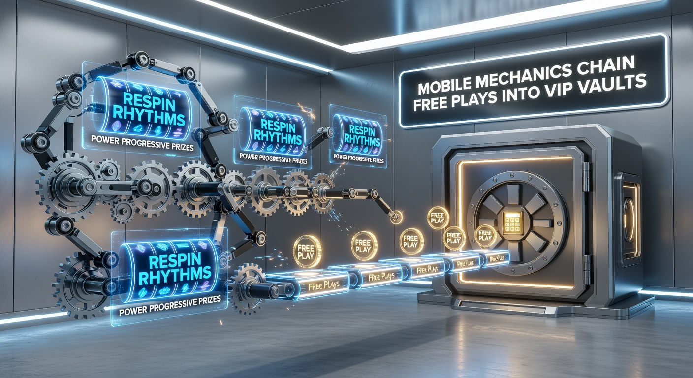 Vibrant mobile slot screen showing respin rhythms activating progressive prizes amid cascading free plays and VIP vault unlocks