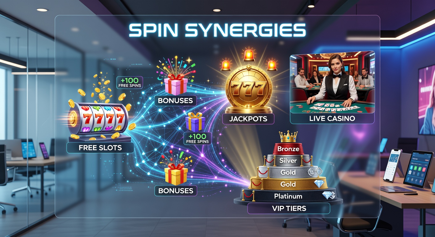 Vibrant mobile screen showing free slots spinning alongside bonus icons, jackpot meters, live dealer tables, and VIP tier badges in a seamless casino app interface