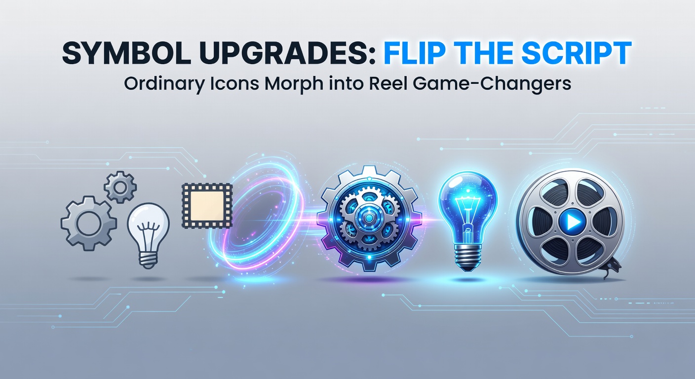 Vibrant slot reel displaying ordinary symbols transforming into upgraded high-value icons amid cascading wins and glowing effects