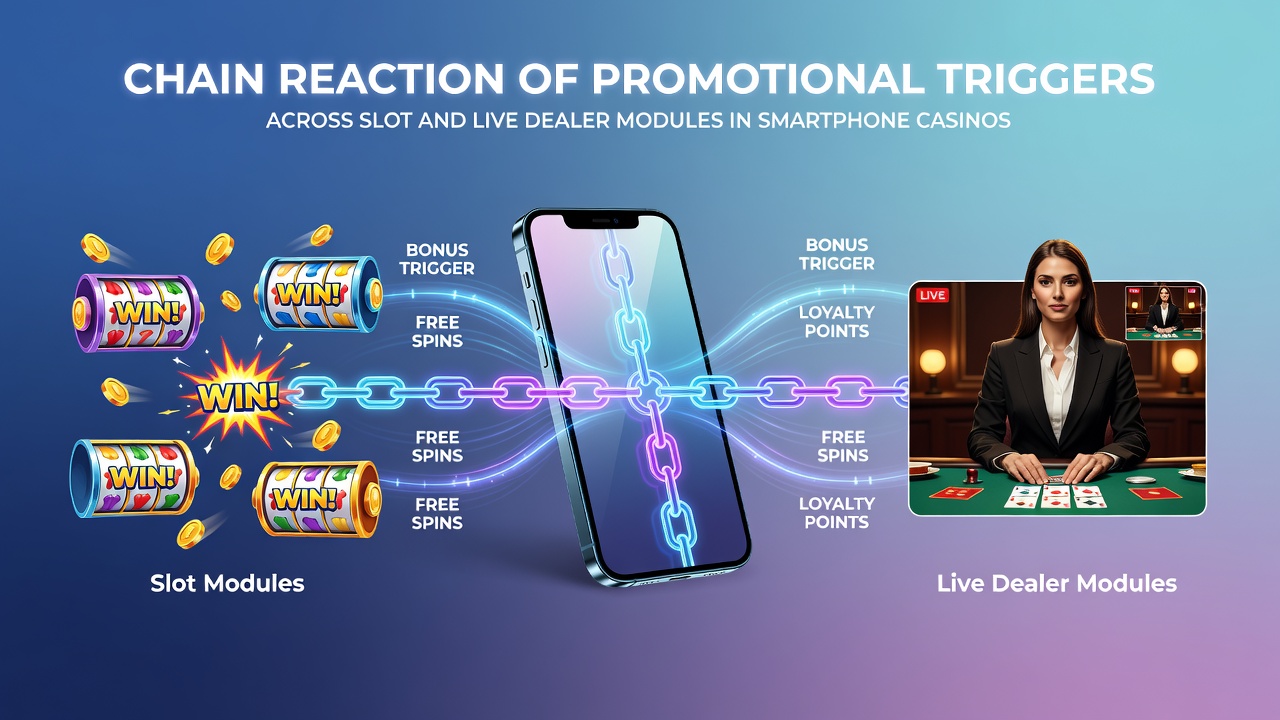 Mobile interface showing promotional trigger flow between slot reels and live dealer table with bonus indicators
