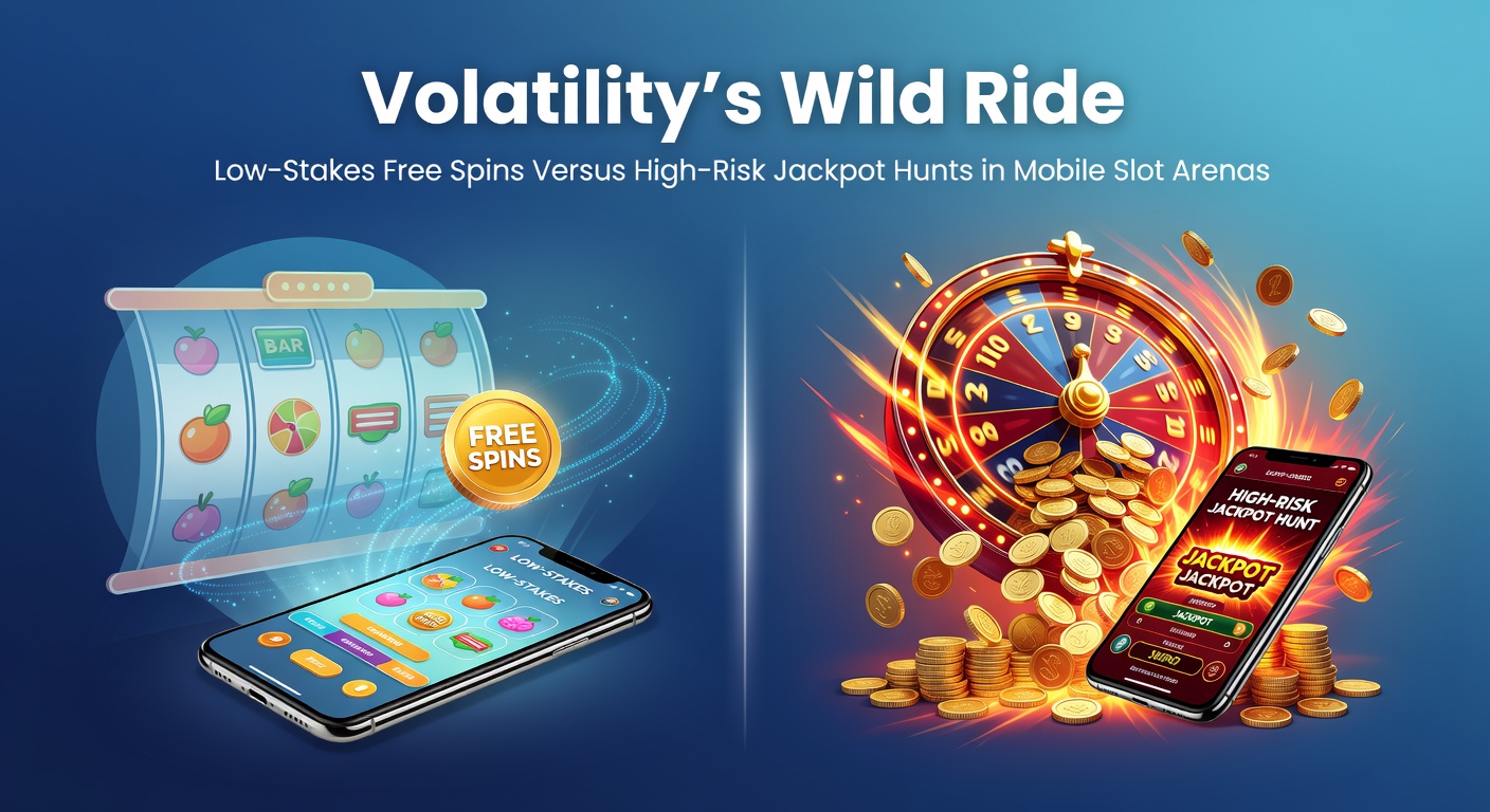 Dynamic mobile slot screen showing low-volatility free spins cascading into steady wins alongside a high-volatility jackpot meter climbing toward massive payouts